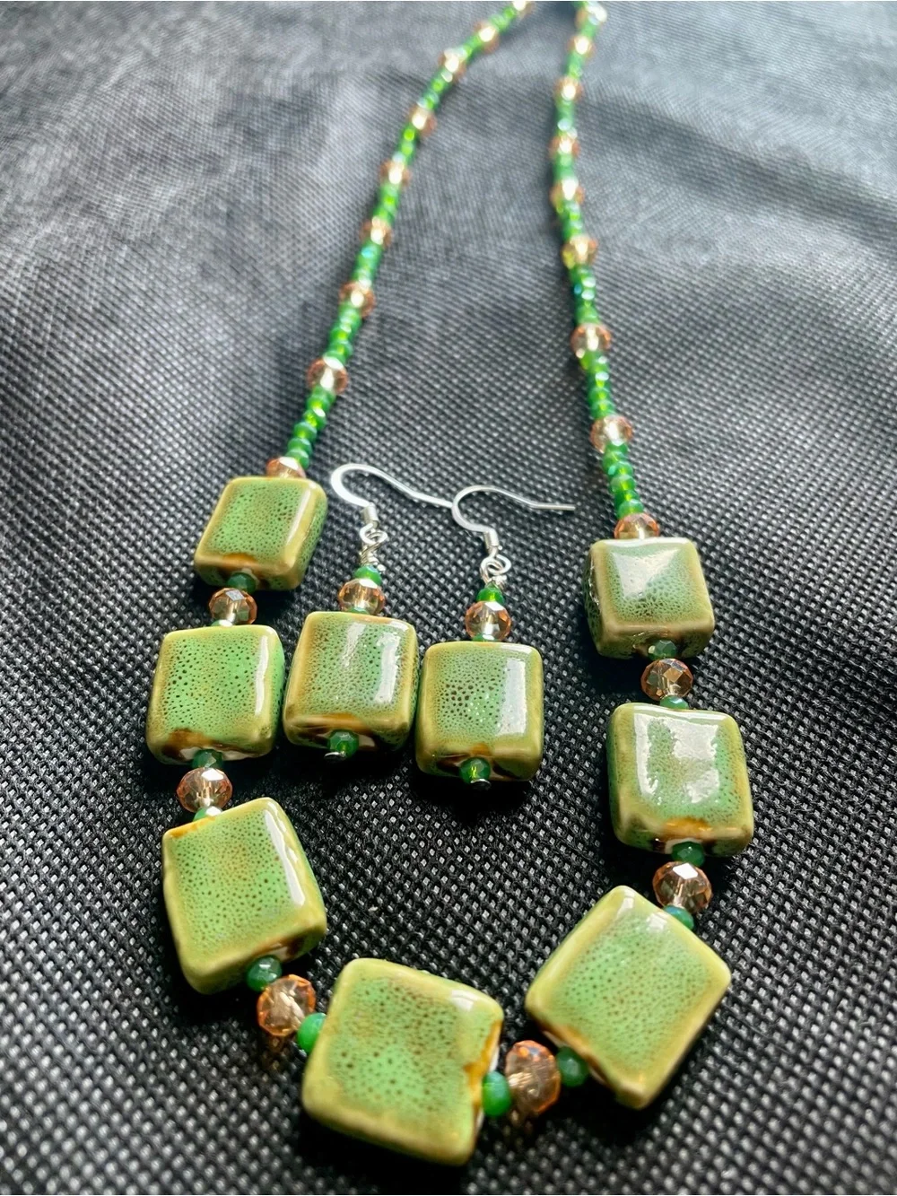 Green Ceramic Tile Necklace with Amber Accent Beads